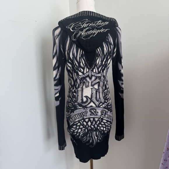 Christian Audigier Hoodie Dress – Gothic Tattoo Print, Rhinestone, LA Streetwear - Picture 9 of 15